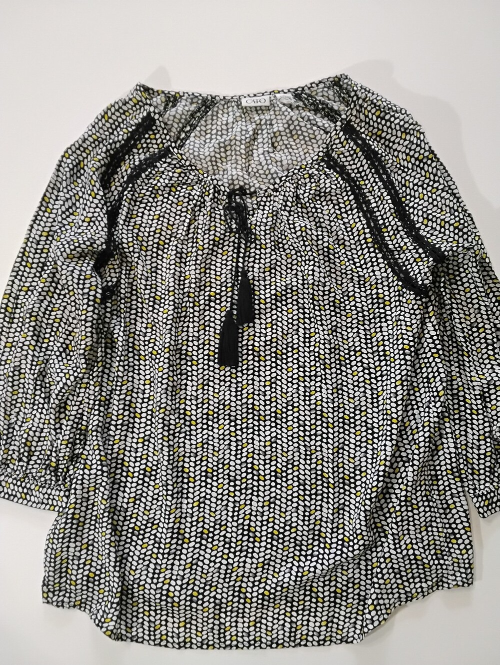Cato Peasant Top Womens Size Large Black White Yellow Dots Tassled Cottagecore